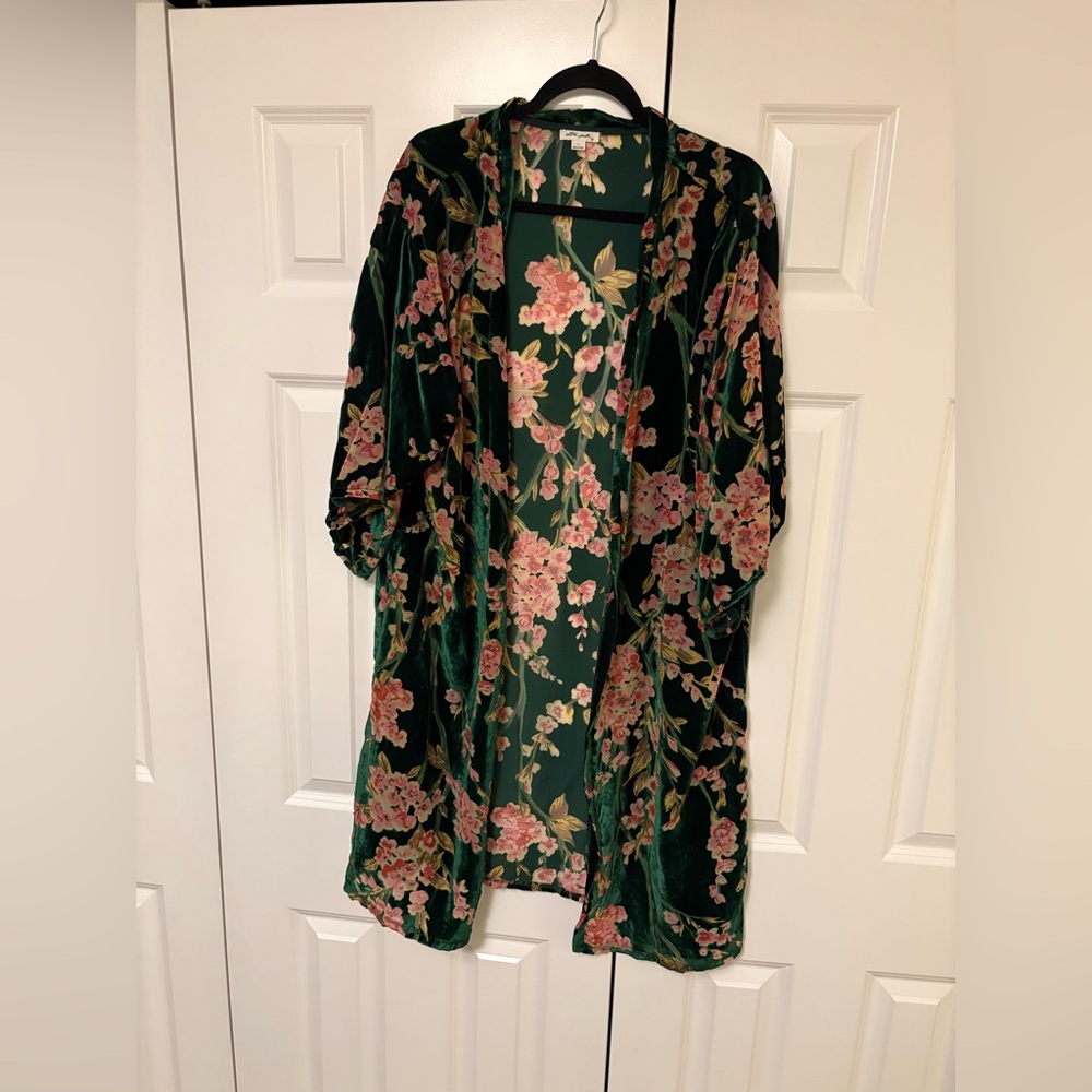 Ultra Pink Floral Kimono - Velvet with Sheer Pink Floral Detail